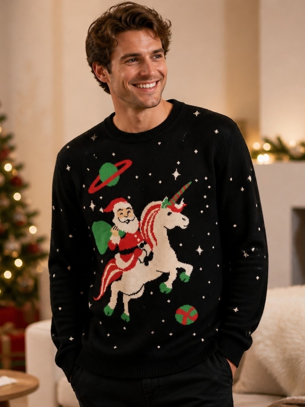 Tipsy Elves Black Crewneck Santa Riding Unicorn Holiday Sweater